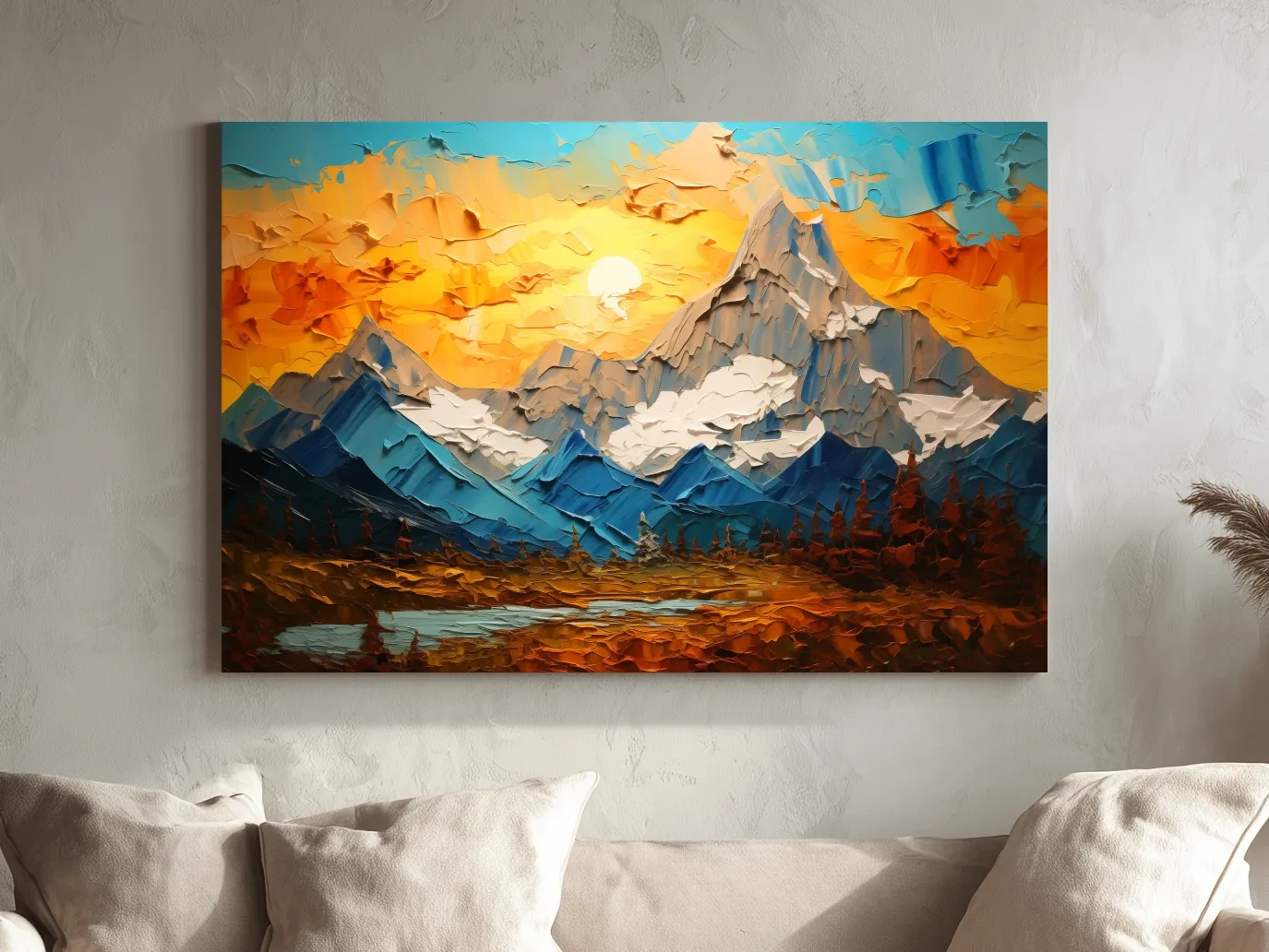 Palette Knife Style Mountain Sunset Painting - Vibrant Abstract Alpine Artwork