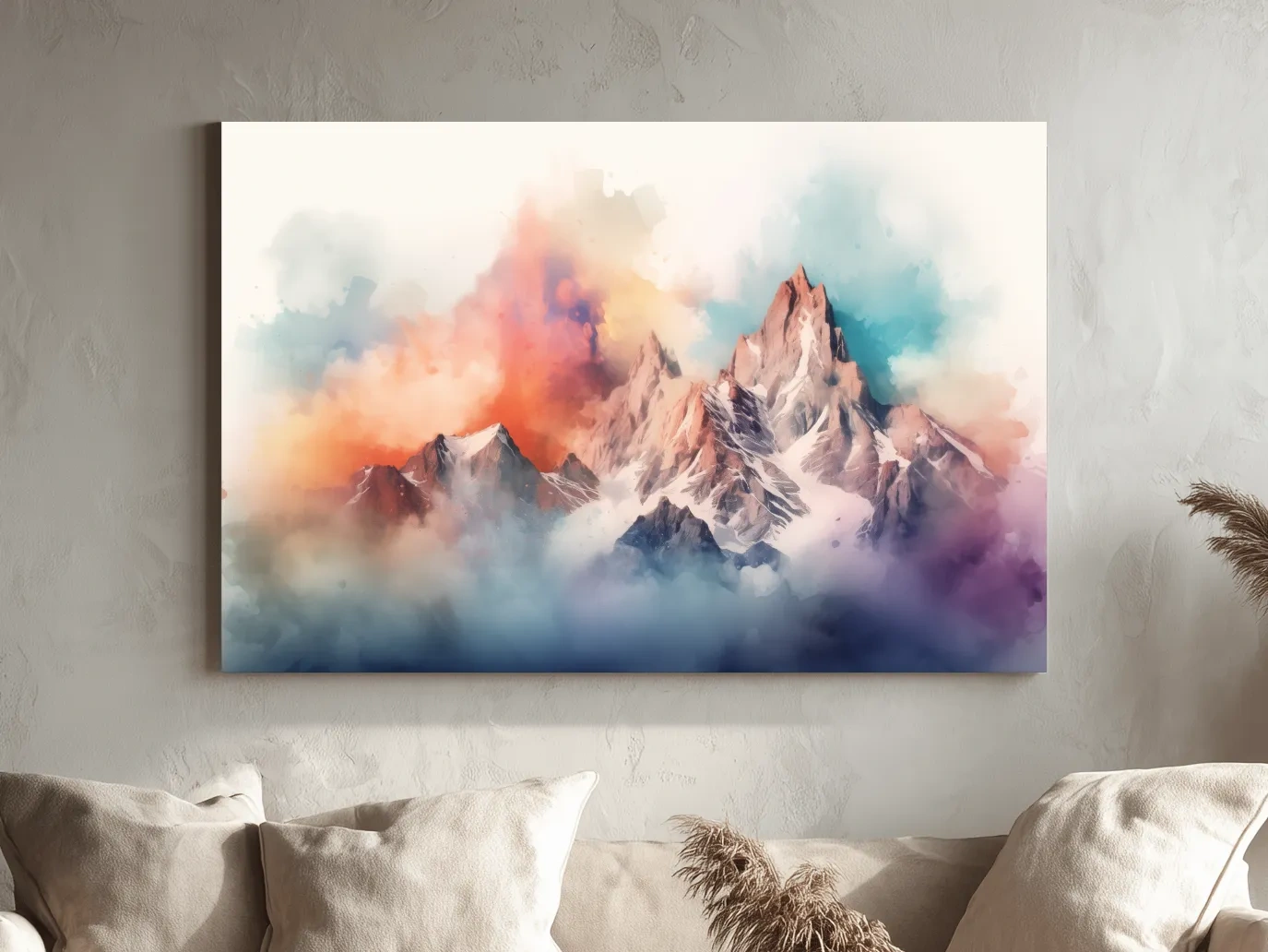 Vibrant Watercolor Alpine Mountain Peaks - Colorful Misty Artwork