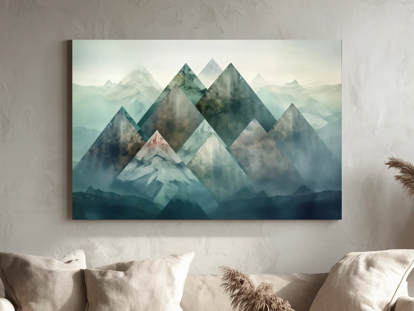 Mystical mountain landscape artwork, layered geometric peaks in misty hues