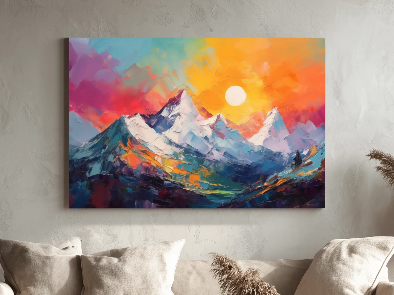 Vibrant Impasto Mountain Sunset Painting - Colorful Abstract Alpine Wall Art