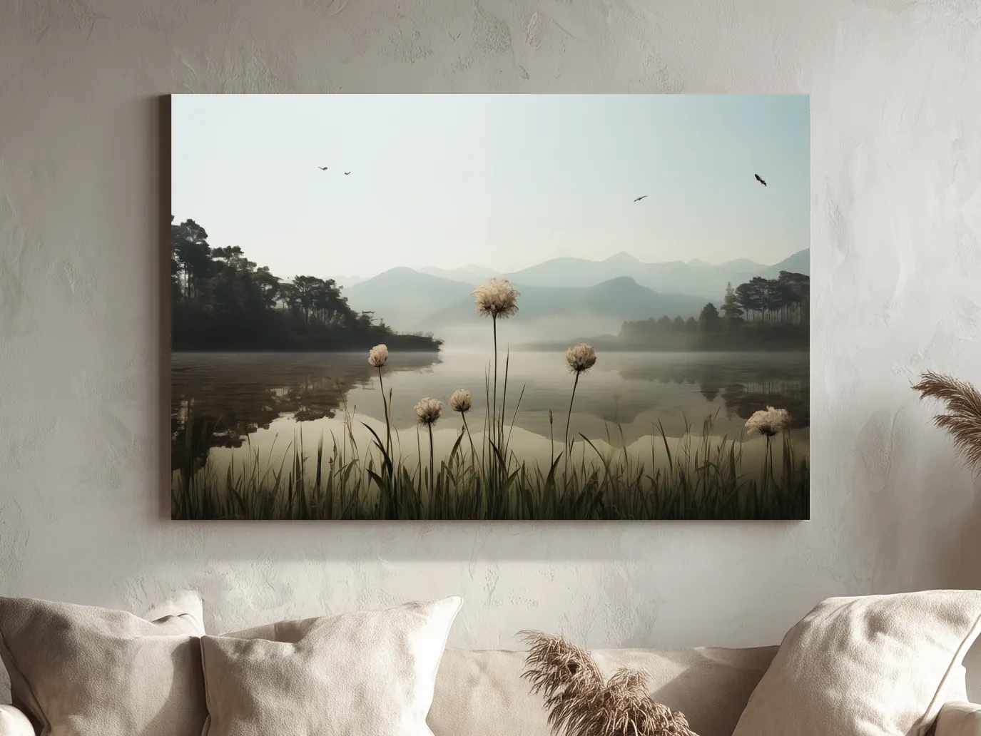Misty Lake Painting With Wildflowers - Serene Landscape Wall Art
