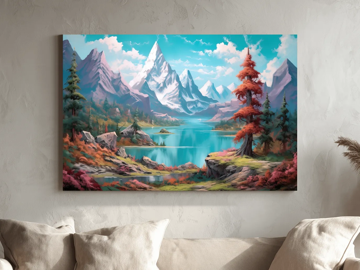 Vibrant Fantasy Alpine Lake Mountains - Surreal Colorful Artwork