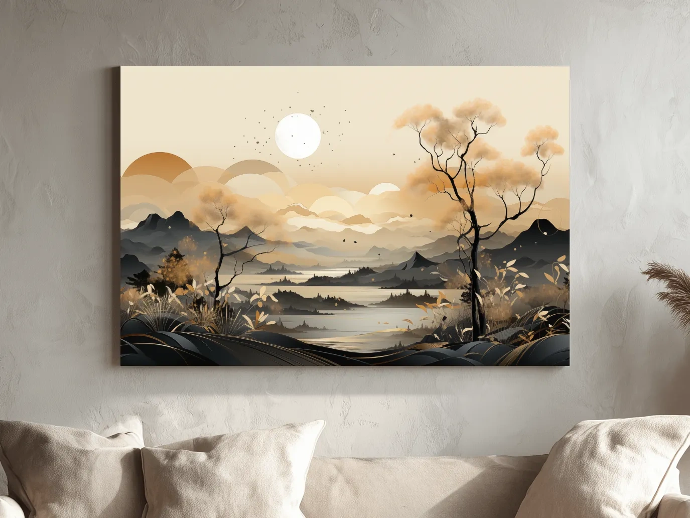 Japandi Misty Mountain Lake Landscape - Boho Wall Artwork