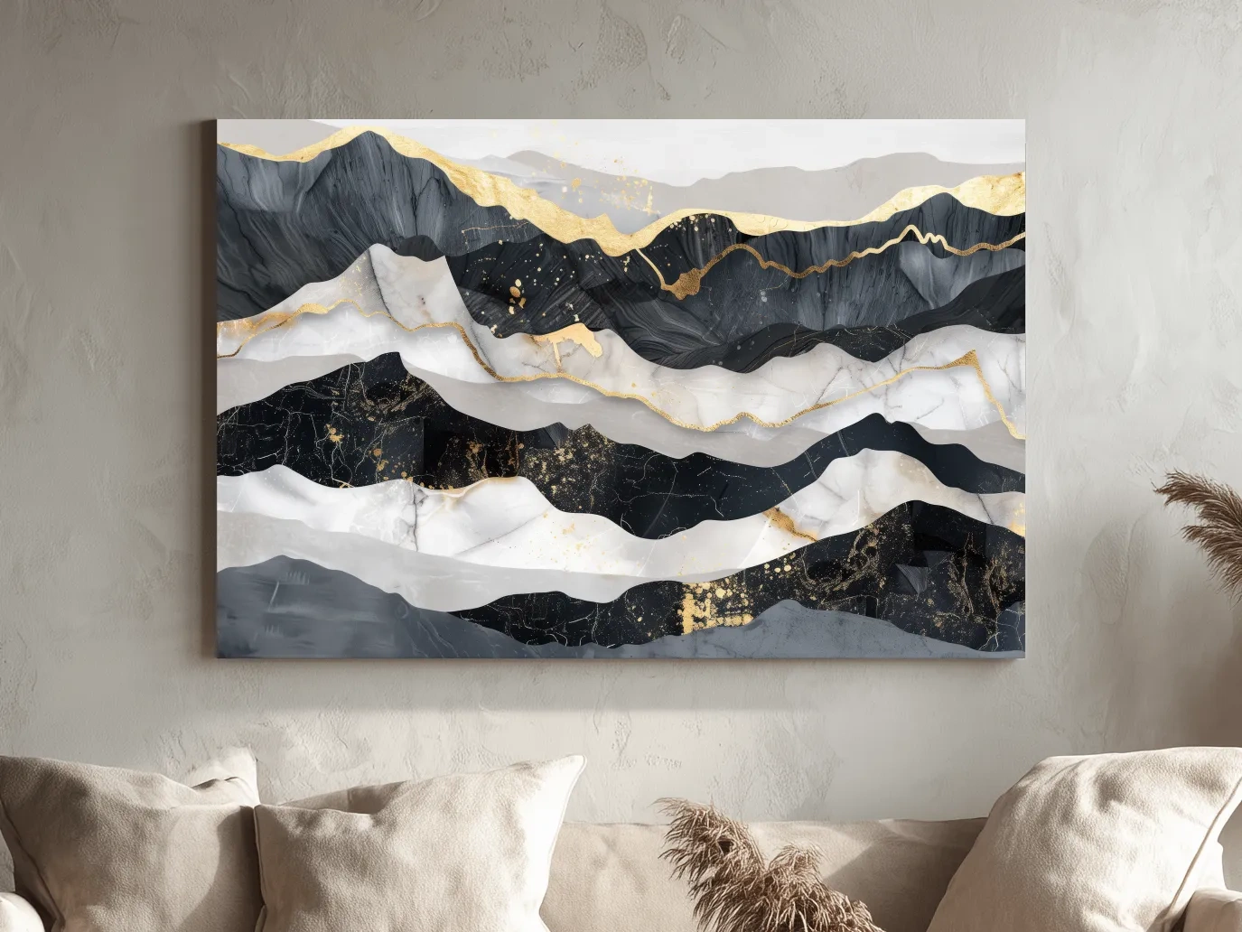Abstract Black Marble Mountain Layers - Modern Elegant Gold Foil Landscape Wall Art