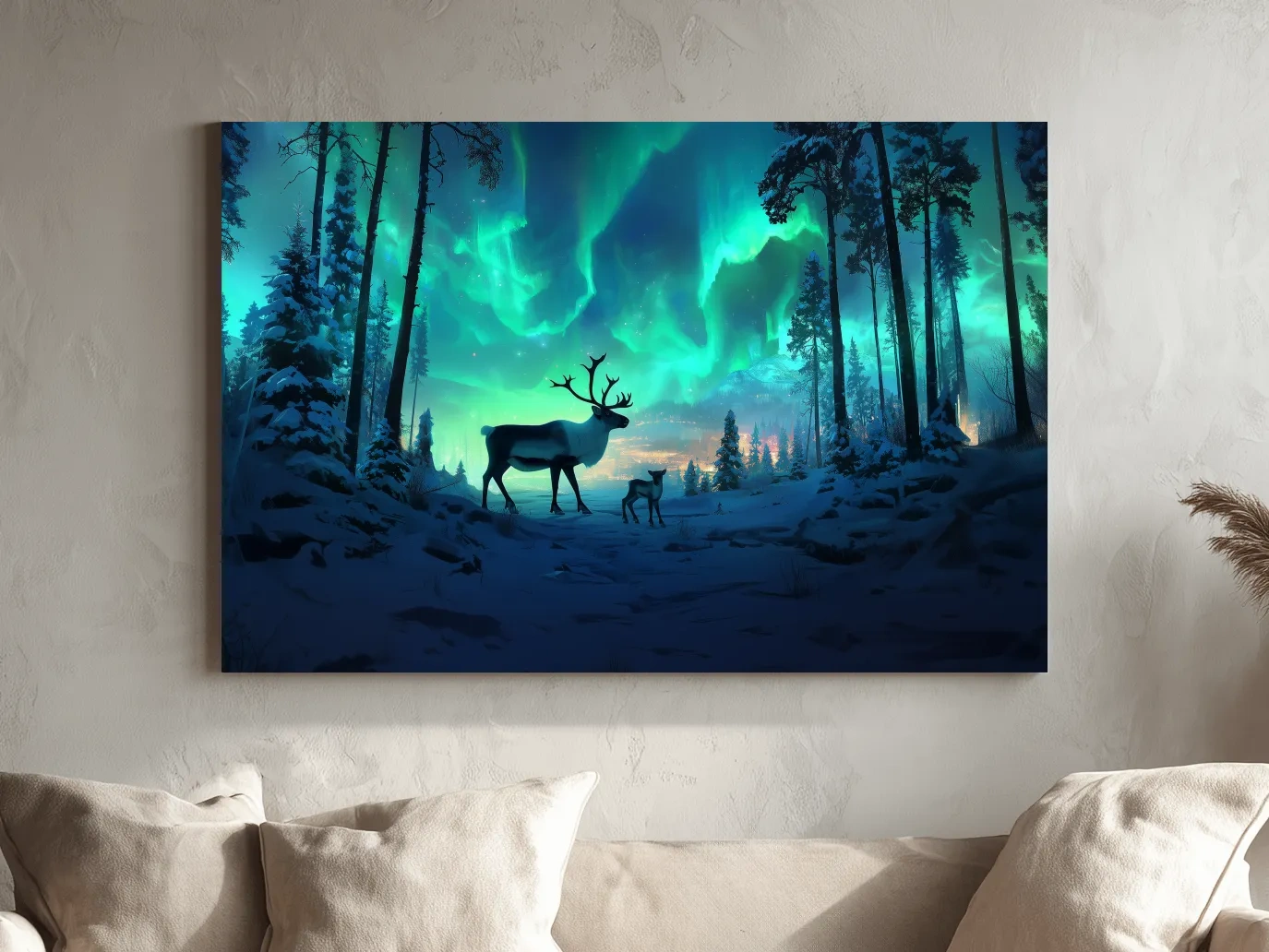 Caribou Buck Under Aurora Borealis Winter Scene - Fantasy Northern Lights Forest Wall Art