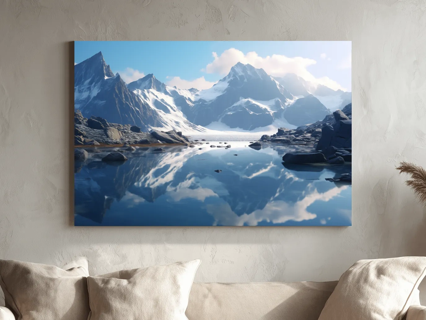 Majestic Snowcapped Mountain Lake Artwork - Serene Alpine Photography Wall Art
