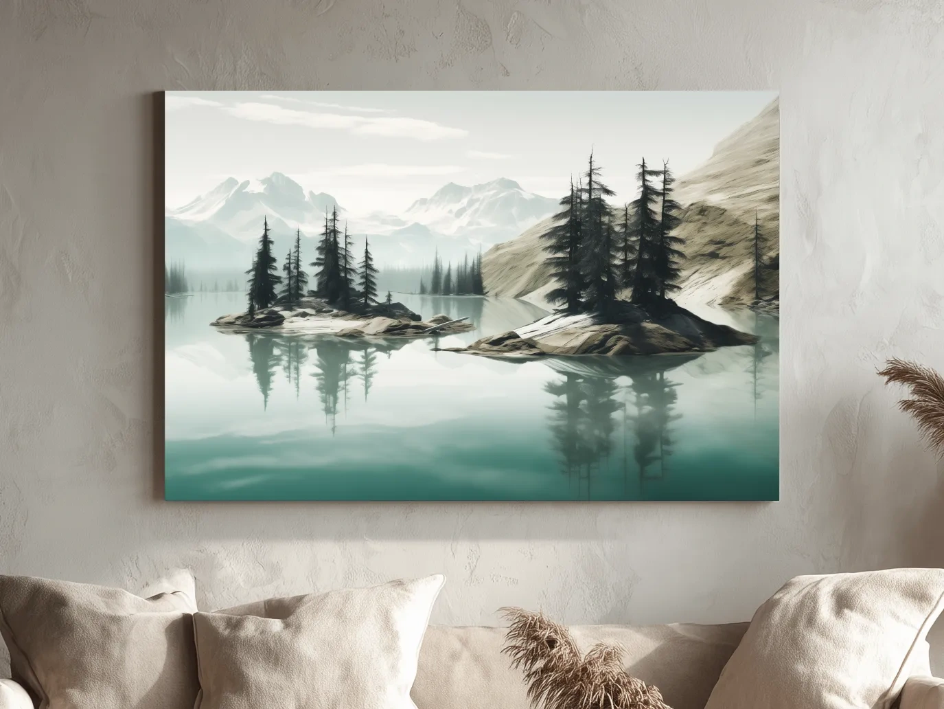 Painting of trees on a pacific northwest turquoise lake alpine lake