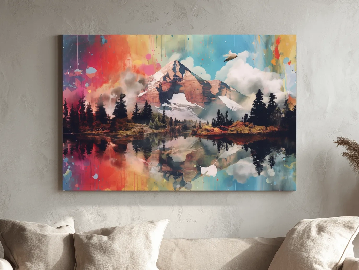 Vibrant Abstract Mountain Lake Painting - Colorful Landscape Wall Art