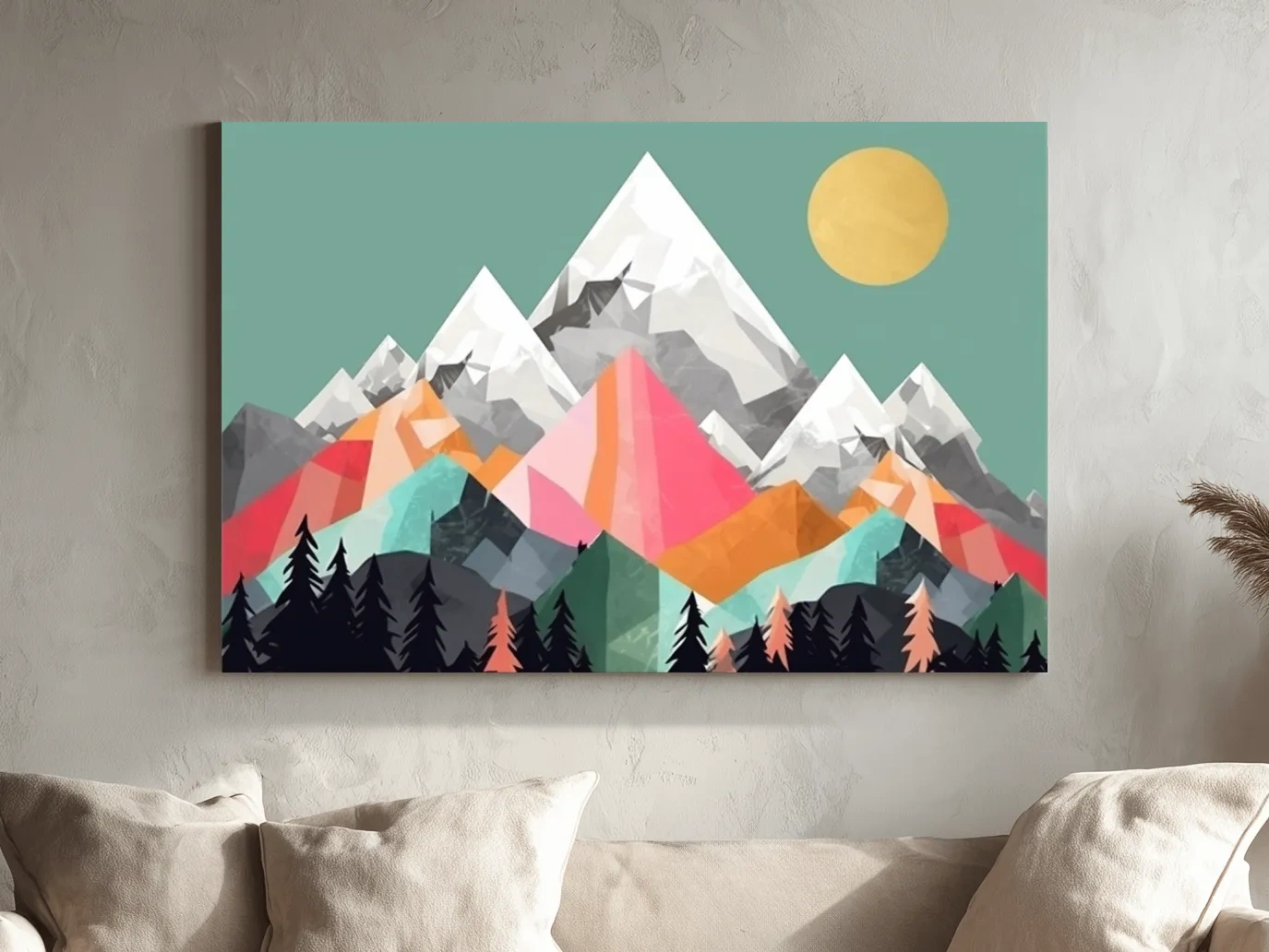Geometric Abstract 2D Mountain Sunrise Art - Colorful Mid Century Wall Art