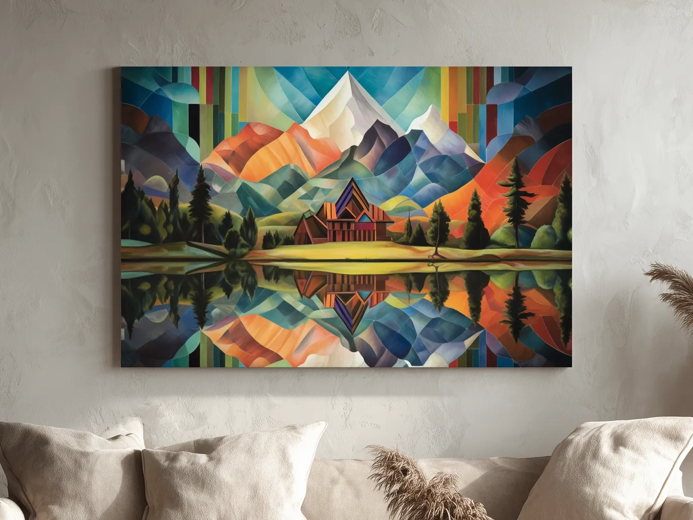Vibrant Geometric Mountain Cabin Lake Reflection - Colorful Abstract Landscape Wall Art
