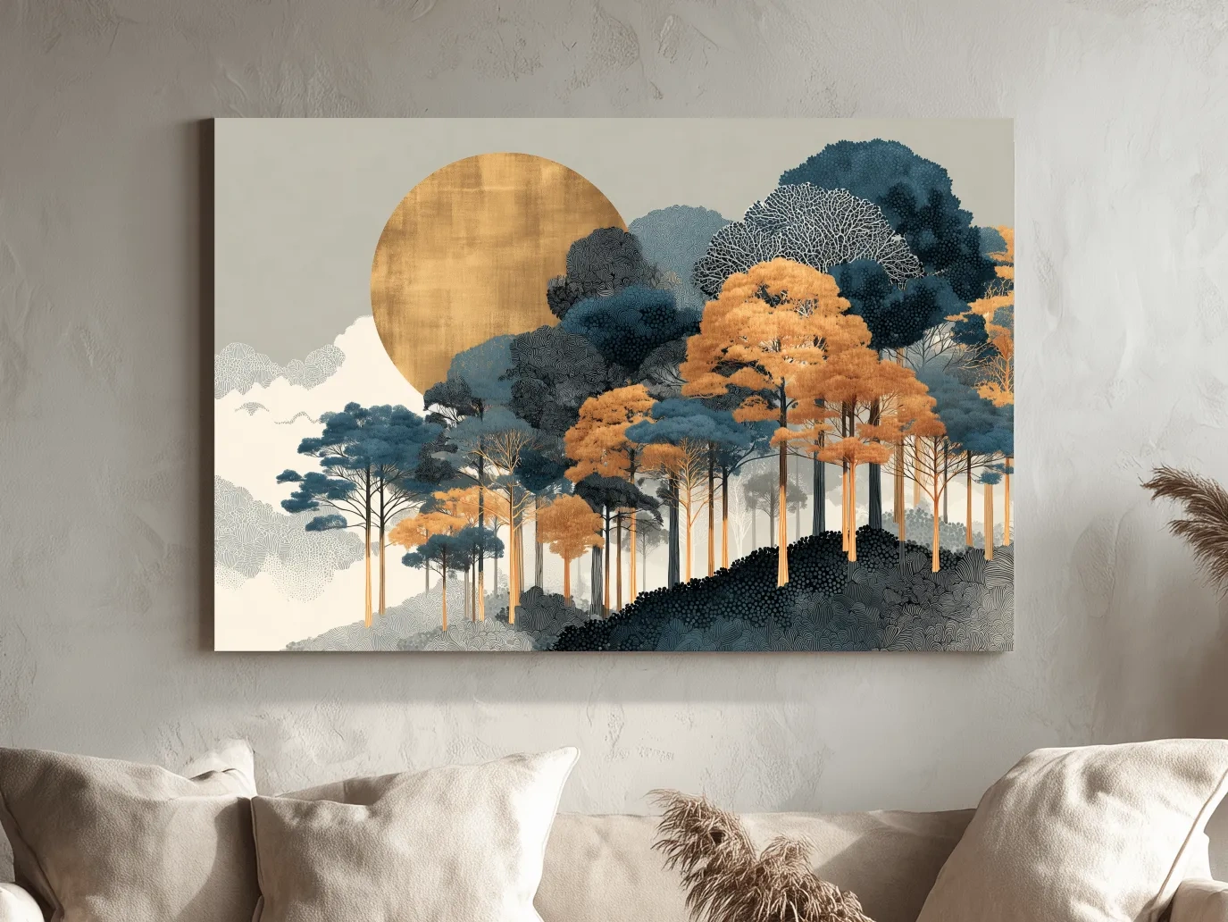 Modern Chic Golden Sun Over Autumn Forest - Elegant Boho Landscape Wall Art