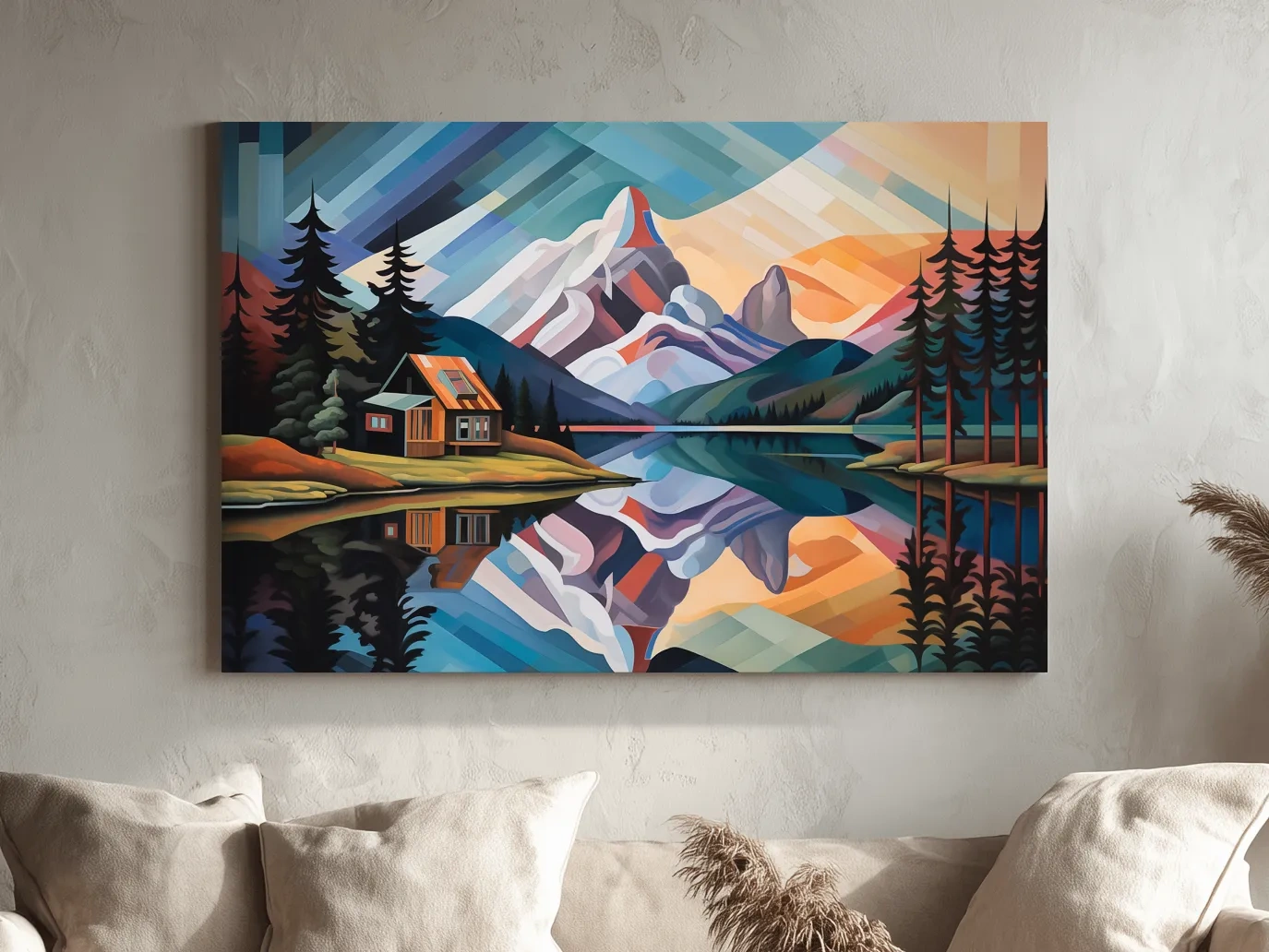 Mountain Cabin by the Lake Canvas Print - Abstract Oil Painting Sunset Wall Art