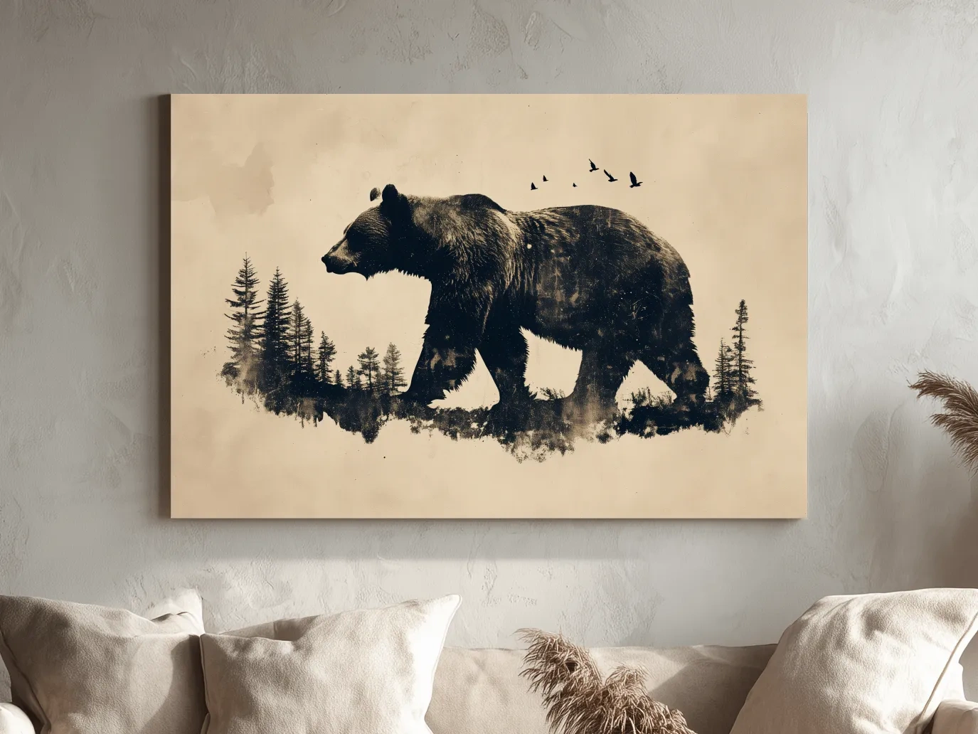 Vintage Grizzly Bear Forest Silhouette - Rustic Wildlife Wall Art