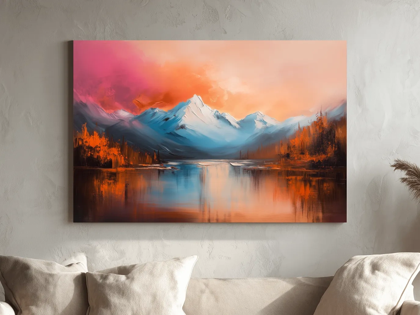 Sunset Mountain Lake Painting - Serene Abstract Landscape Wall Art Print