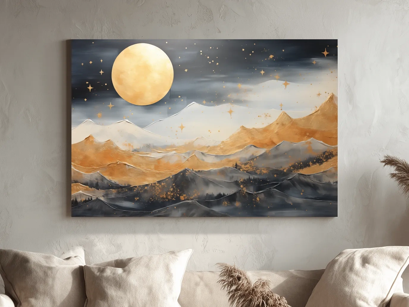 Golden Moonlit Abstract Mountain Landscape - Modern Metallic Watercolor Wall Art