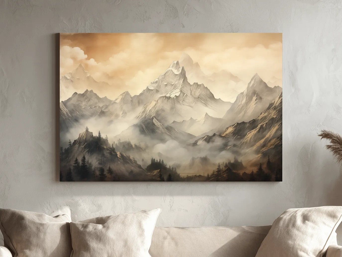 Moody Sepia Misty Mountain Peaks - Atmospheric Alpine Landscape Painting Wall Art