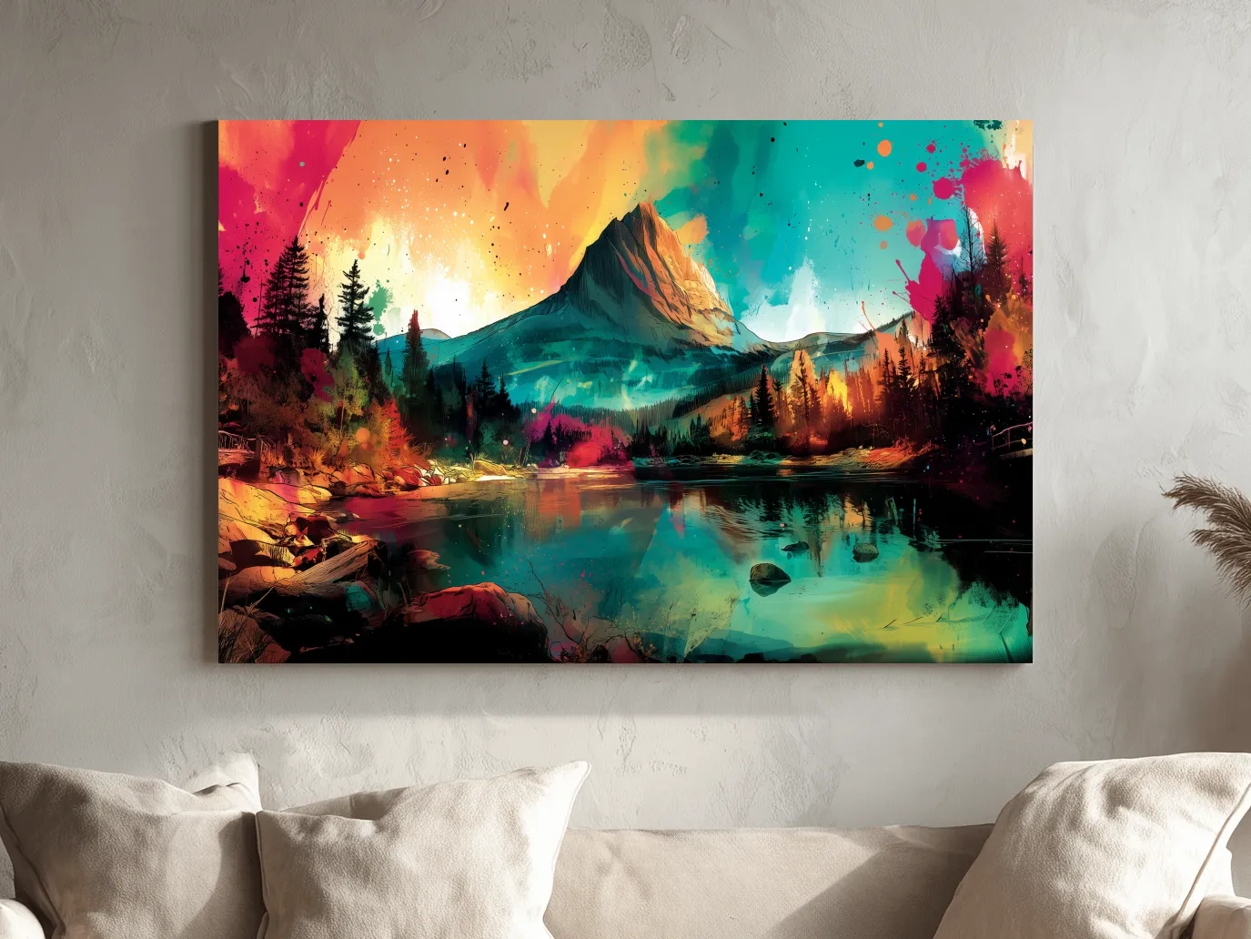 Vibrant Abstract Alpine Mountain Sunrise - Colorful Watercolor Style Artwork
