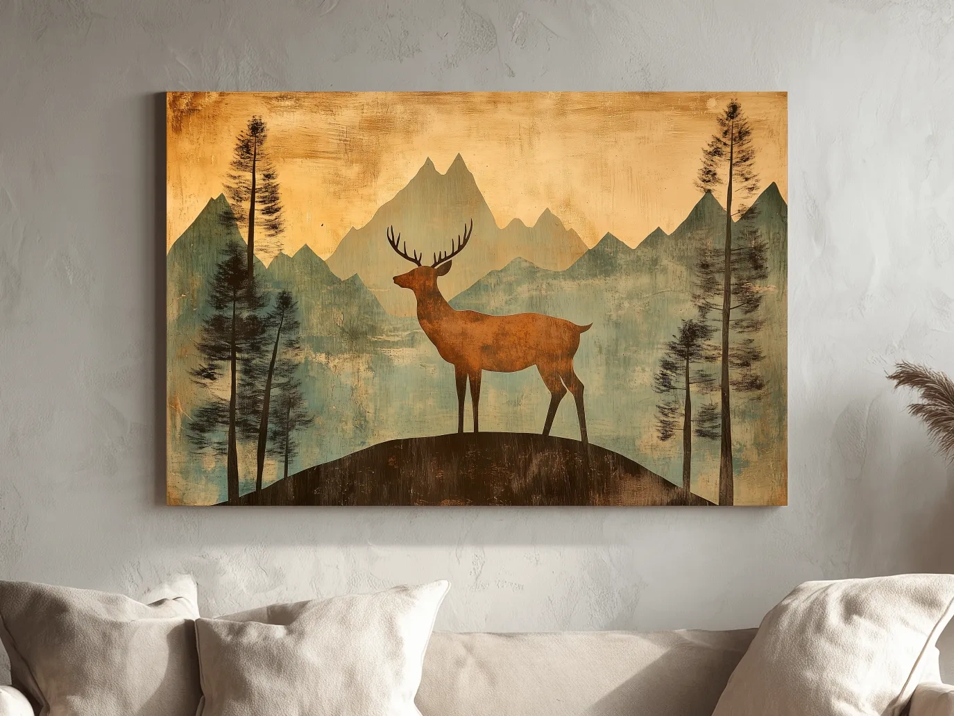 Rustic Deer Silhouette Mountain Landscape - Vintage Woodland Wall Art