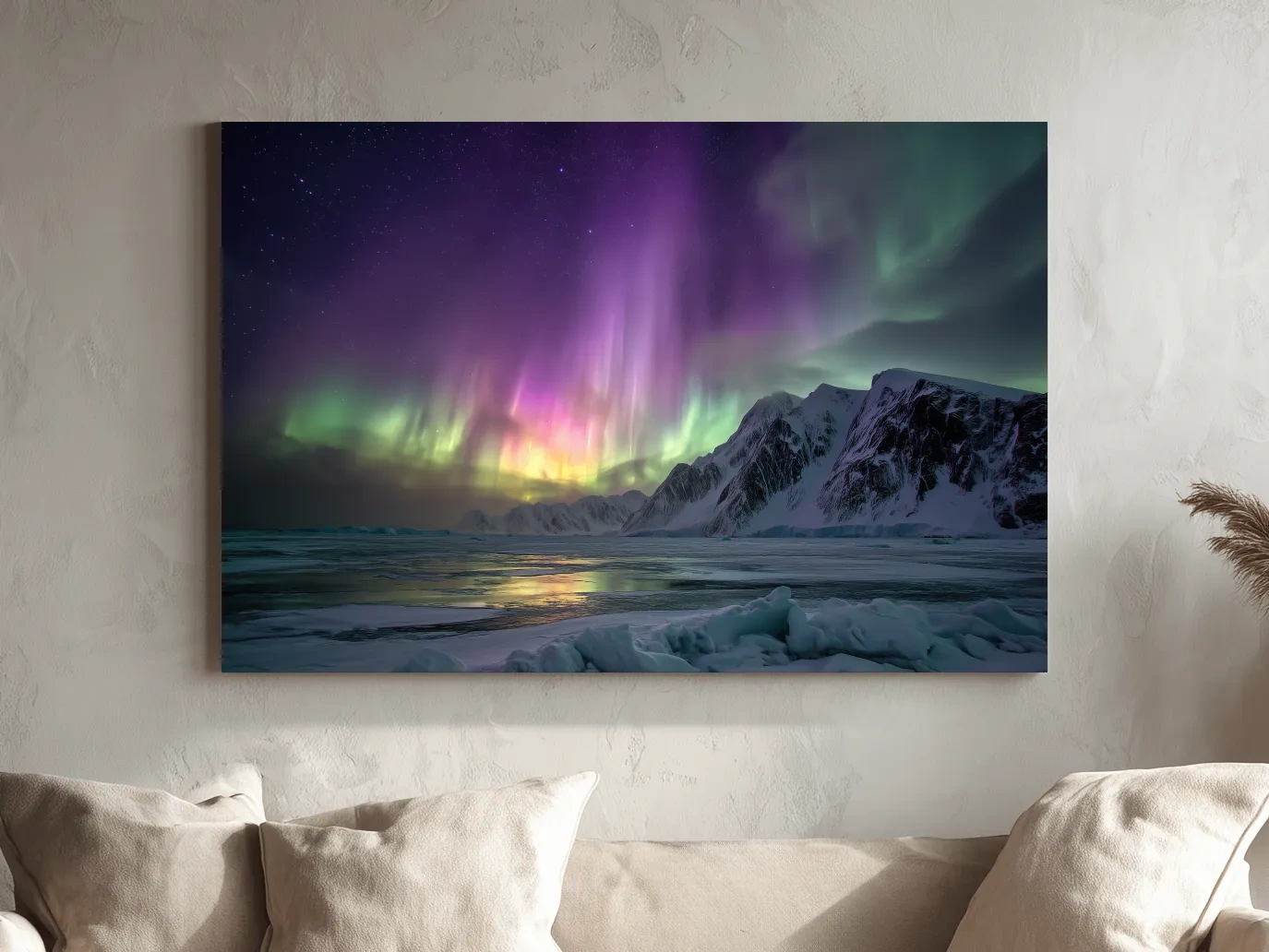 Vibrant Northern Lights Over Snowy Mountains - Aurora Borealis Photographic Night Sky Wall Art