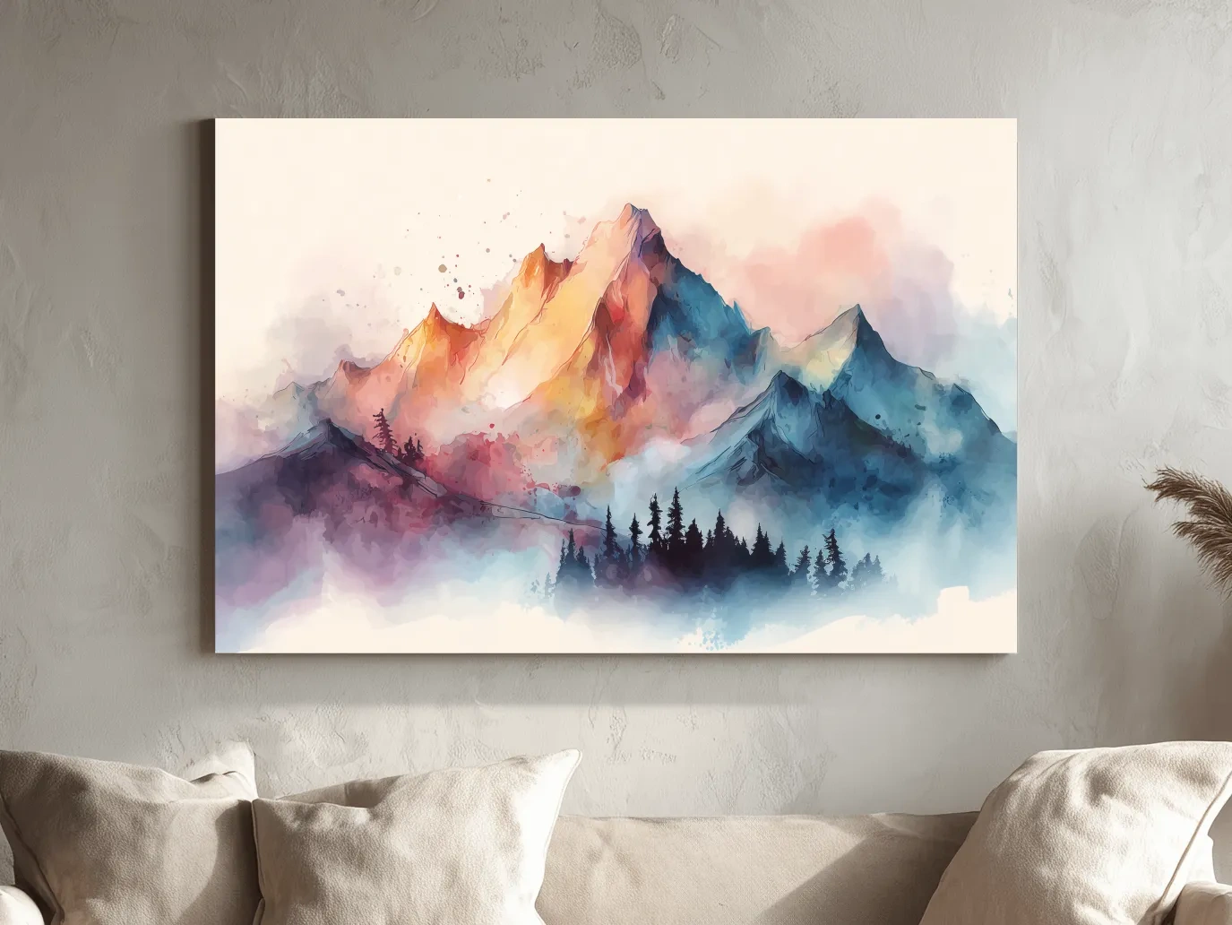 Vibrant Watercolor Mountain Peaks - Colorful Misty Alpine Forest Wall Art