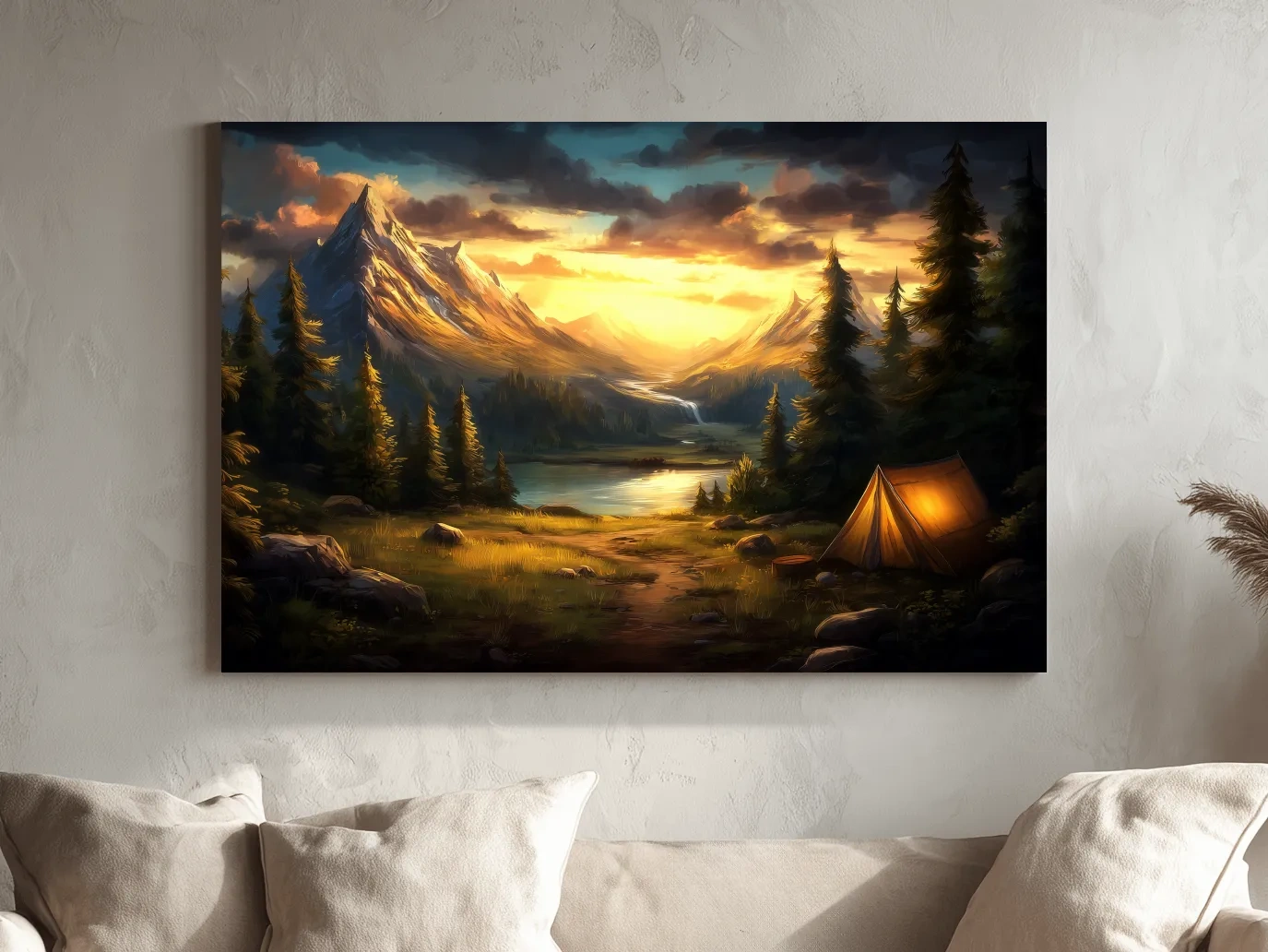 Golden Sunset Alpine Camping Scene Impressionist Painting - Scenic Mountain Wall Art