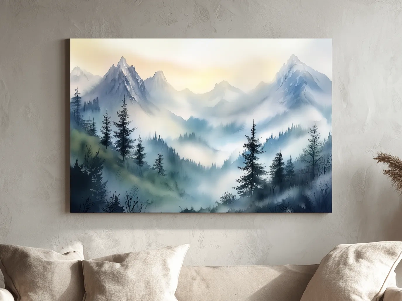 Chinese Ink Wash Watercolor Mountain Peaks - Foggy Alpine Wall Art