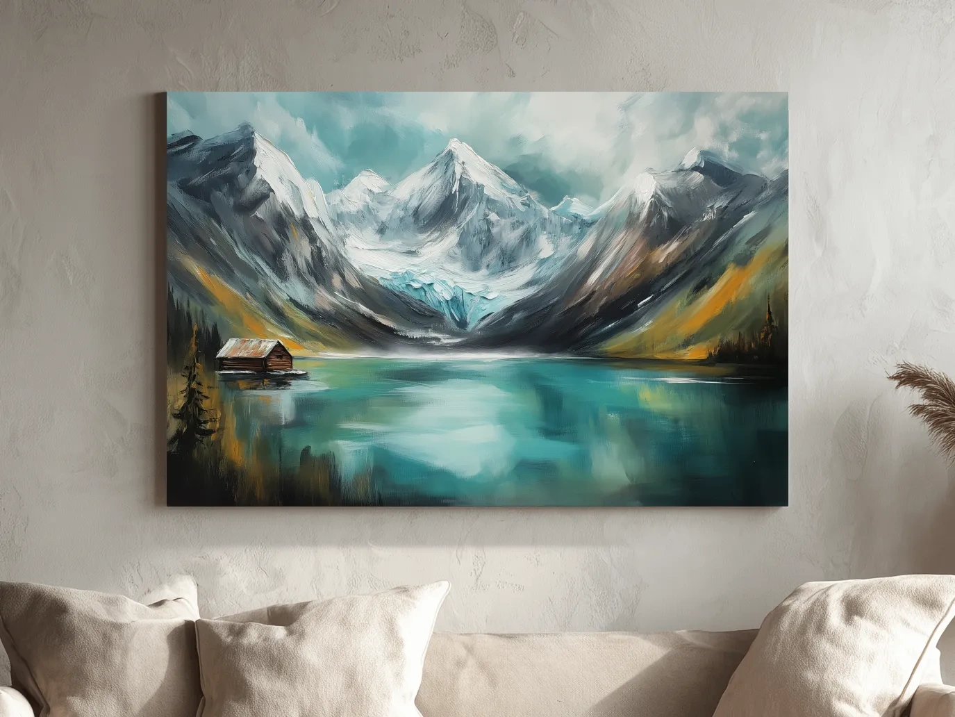 Turquoise Alpine Lake Cabin Painting - Snowy Mountain Landscape Wall Art