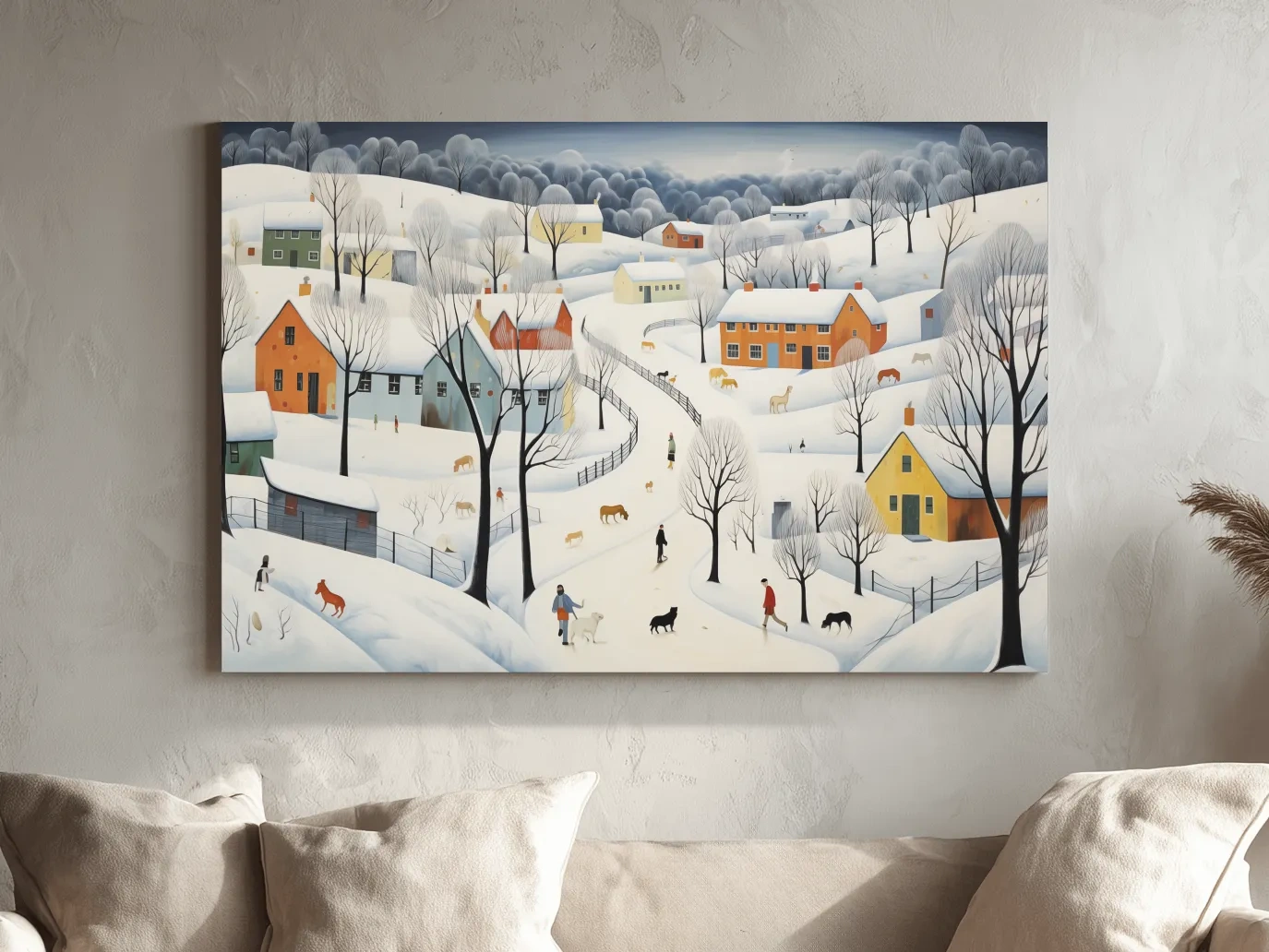 Whimsical Snowy Village Winter Landscape Painting - Folk Art Countryside Wall Art