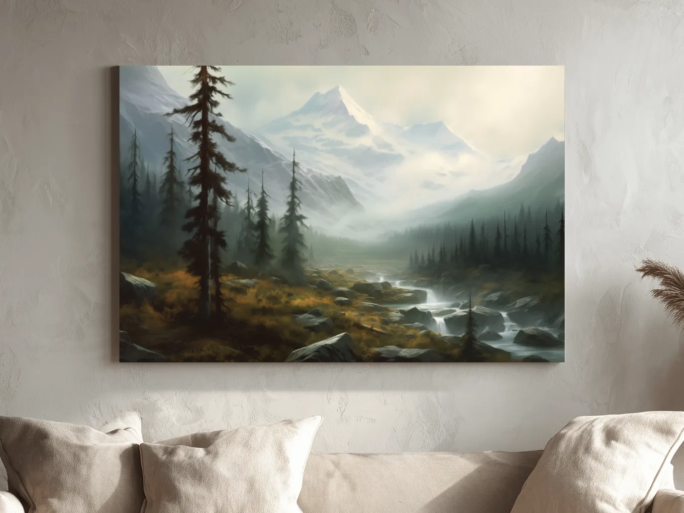 Misty Alpine Mountain Valley Painting - Foggy Evergreen Forest Wall Art
