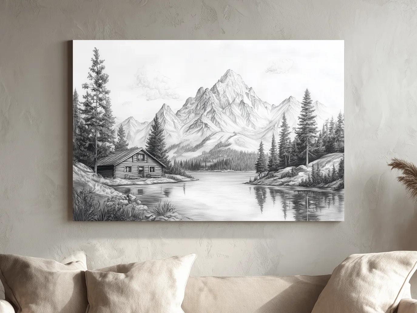 Vintage Pencil Sketch Alpine Lake Cabin - Black And White Mountain Landscape Wall Art