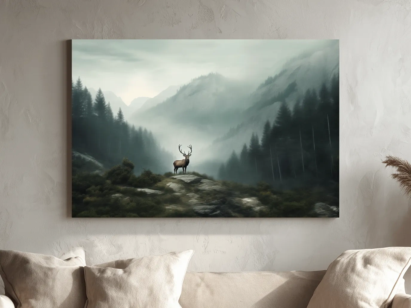 Moody Misty Mountain Deer Landscape - Atmospheric Forest Wildlife Wall Art