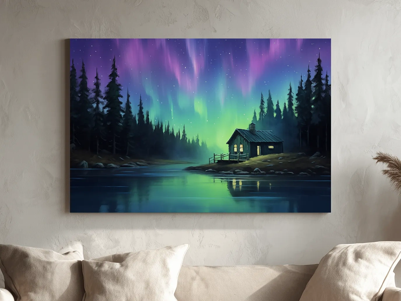 Northern Lights Over Lakeside Cabin Painting - Aurora Borealis Night Wall Art