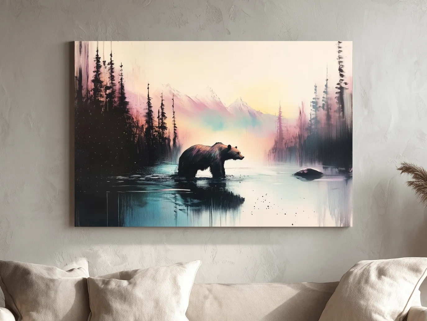 Moody Watercolor Grizzly Bear Lake Reflection - Misty Mountain Wilderness Wall Art