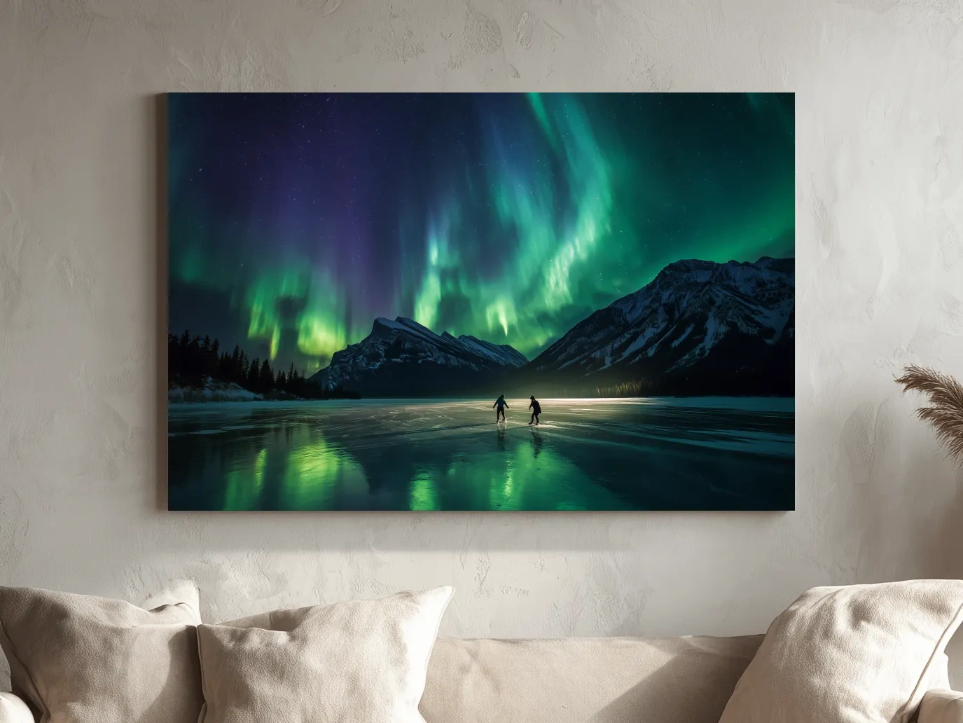 Ice Skaters Under Vibrant Northern Lights - Aurora Borealis Photographic Wall Art