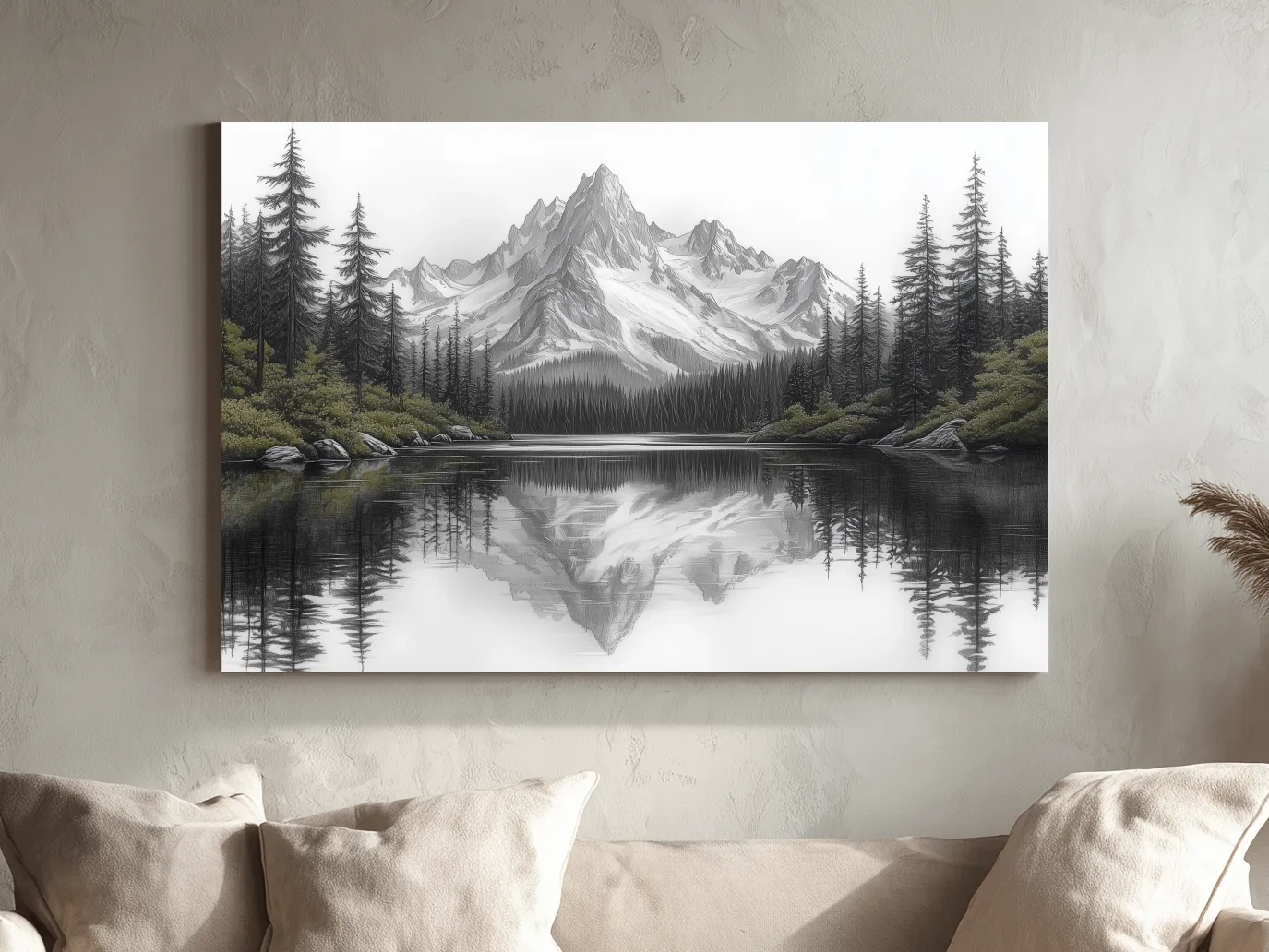 Monochrome Alpine Mountain Lake Reflection Sketch Artwork - Minimalist Forest Landscape Wall Art
