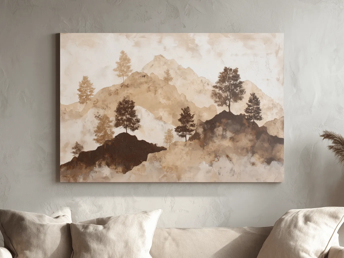 Wabi-Sabi Mountain Tree Silhouettes Painting - Minimalist Landscape Wall Art