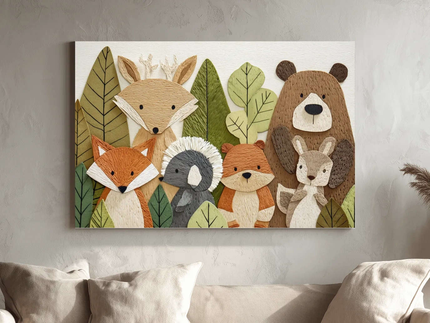 Woodland Animal Nursery Decor - Cute Forest Animals Embroidery Style Wall Art