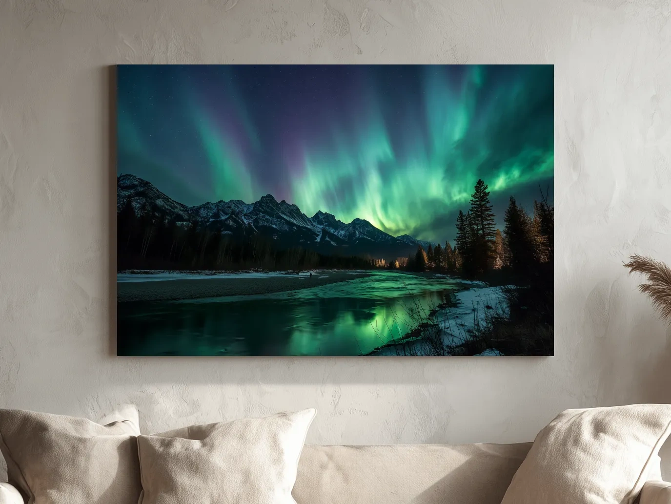 Vibrant Green Northern Lights Over Frozen Lake - Aurora Borealis Landscape Wall Art