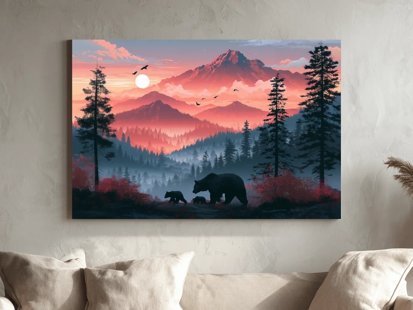 Sunset Mama Bear & Cubs Silhouette - Forest Wildlife Wall Art