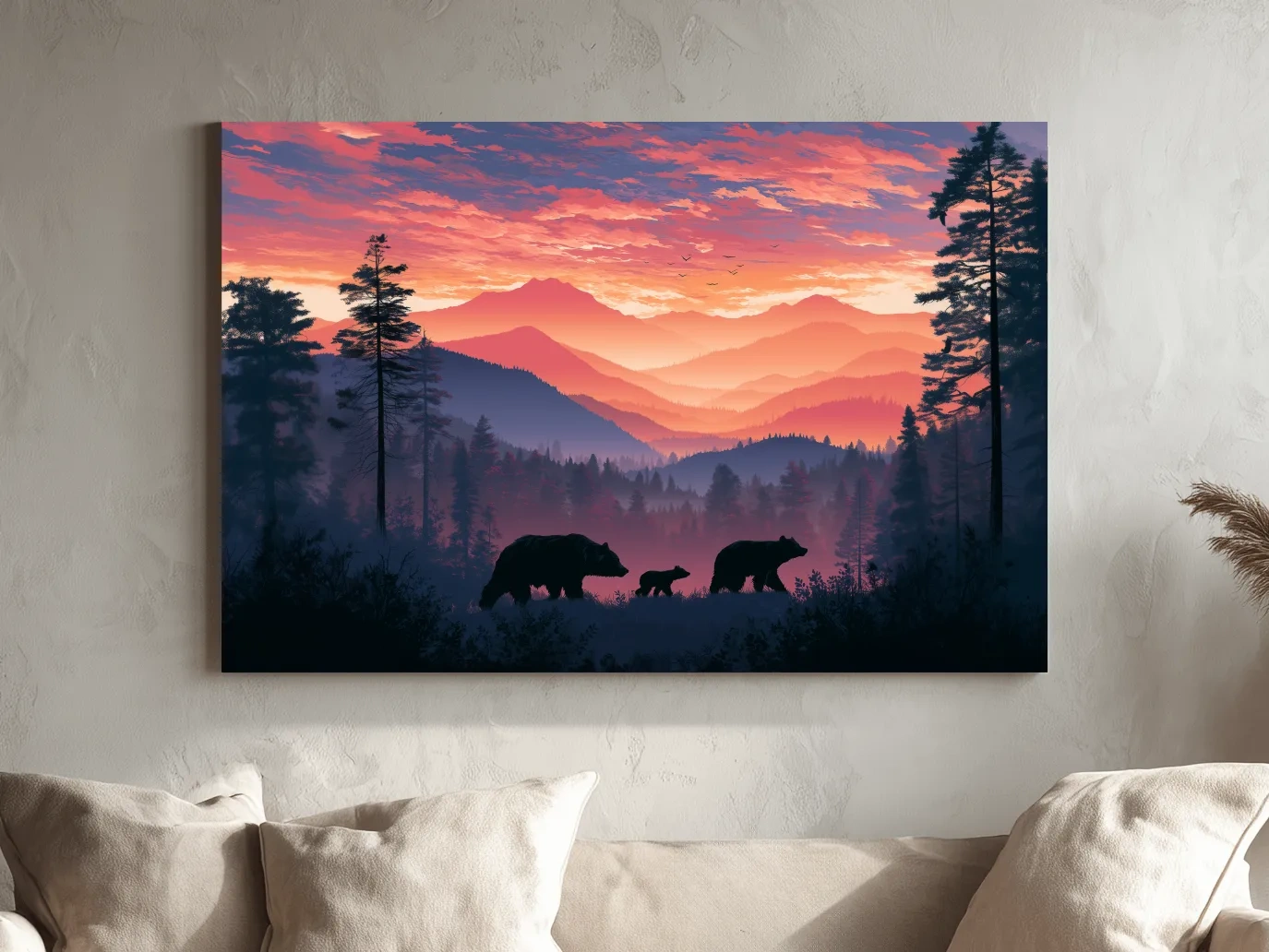 Moody Sunset Mountain Bear Family Silhouettes - Wildlife Wall Art