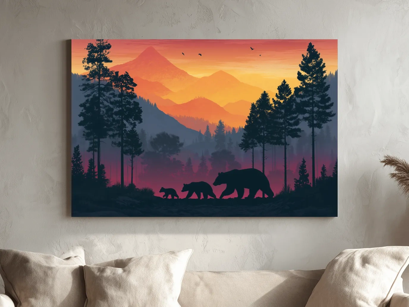 Sunset Momma Bear & Cubs Silhouette - Forest Wildlife Wall Art