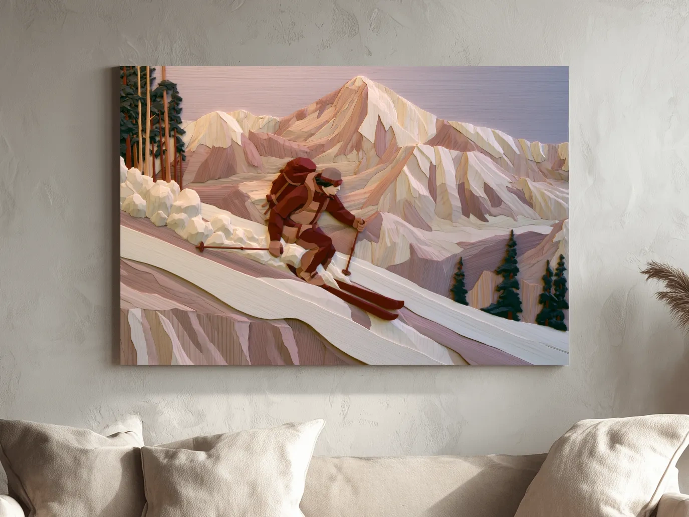 Geometric Backcountry Skier In Alpine Peaks - Winter Mountain Adventure Wall Art