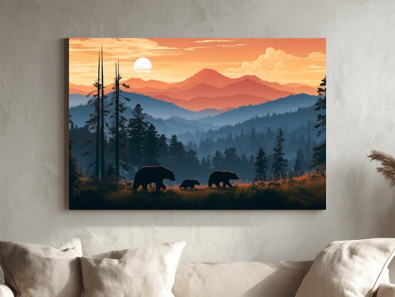 Bear Family Silhouettes - Mountain Sunset Wildlife Wall Art