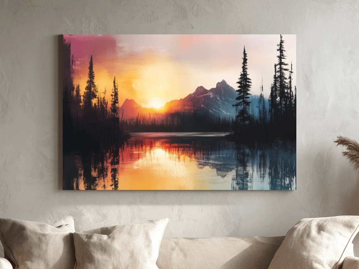 Sunset Mountain Lake Reflection Painting - Dramatic Pine Forest Landscape Wall Art