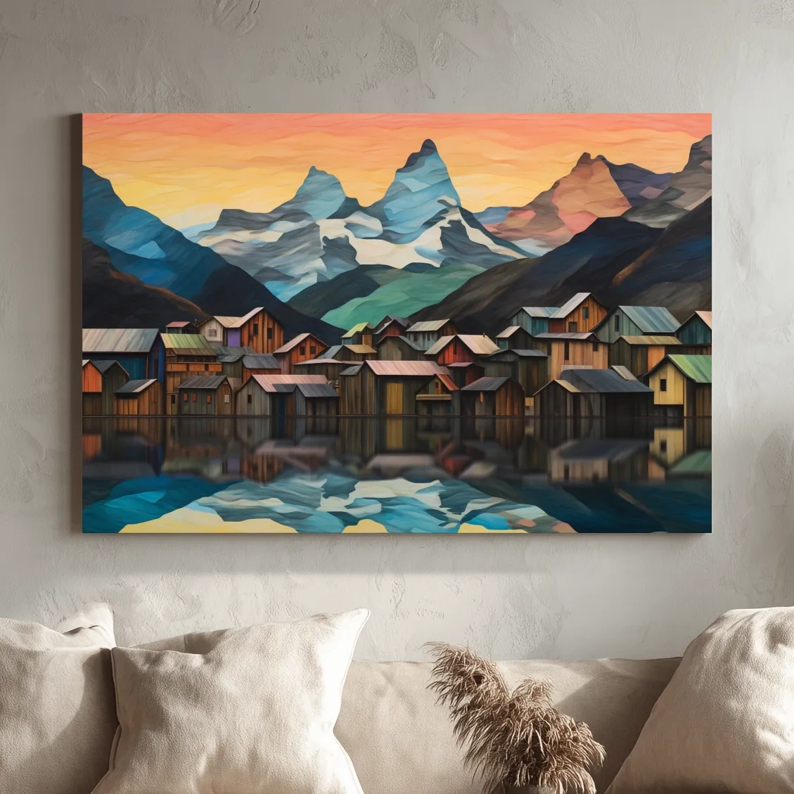 Alpine Mountain Village Reflections - Colorful Paper Cut Style Wall Art