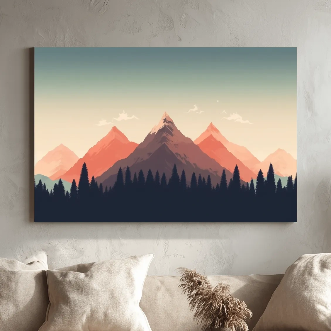 Minimalist Alpine Mountain Sunrise Artwork - Modern Scandinavian Forest Wall Art