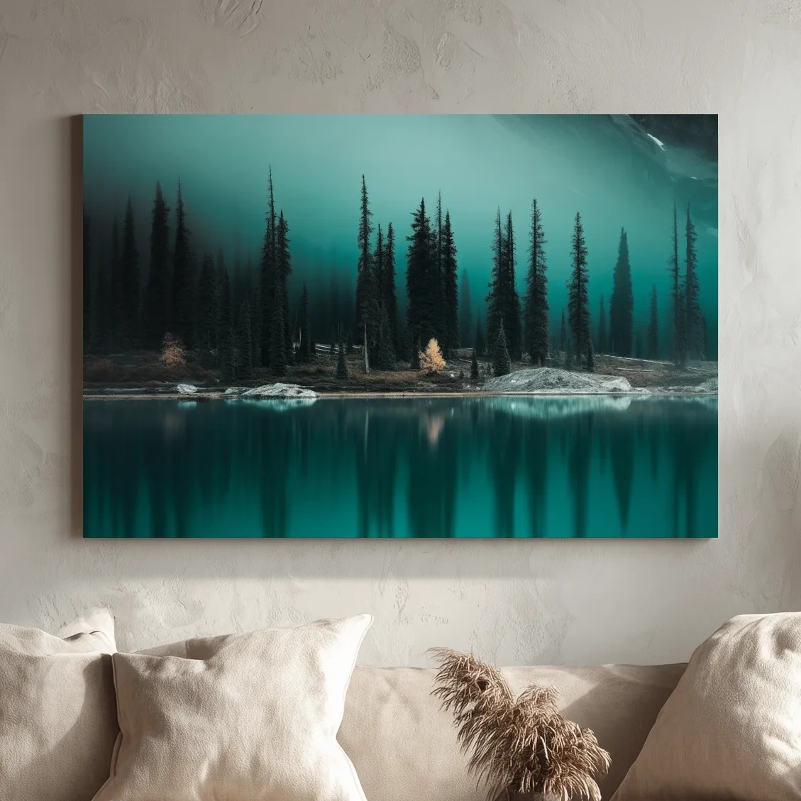 Misty Pine Forest Turquoise Alpine Lake - Serene Mountain Landscape Wall Art