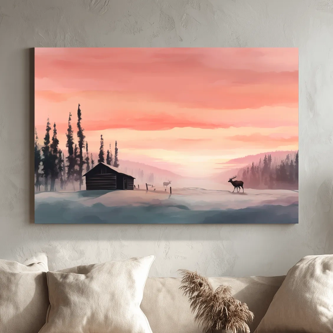 Sunset mountain scene, deer in the snow