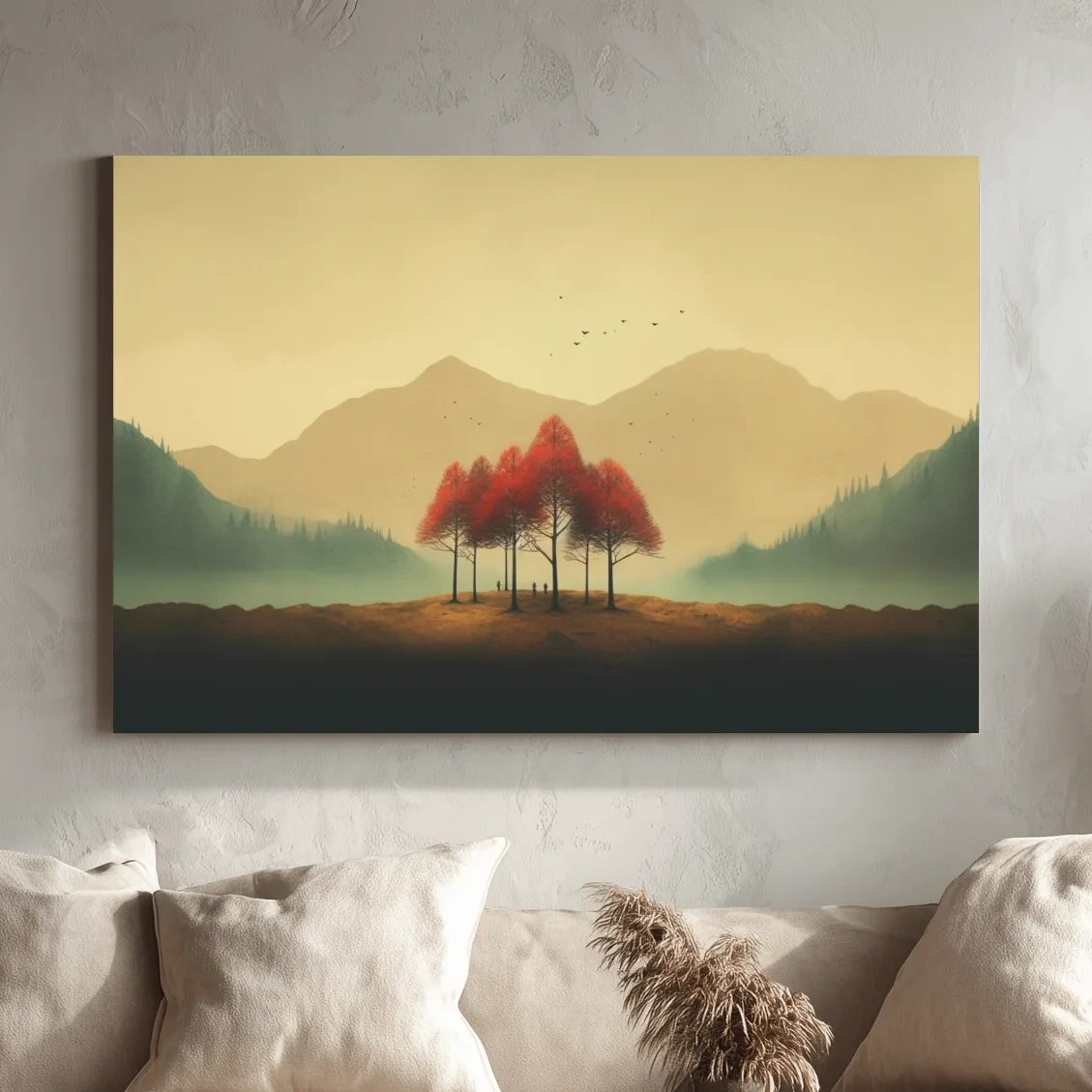 Landscape mountain artwork, minimal painting of autumn trees in the fog