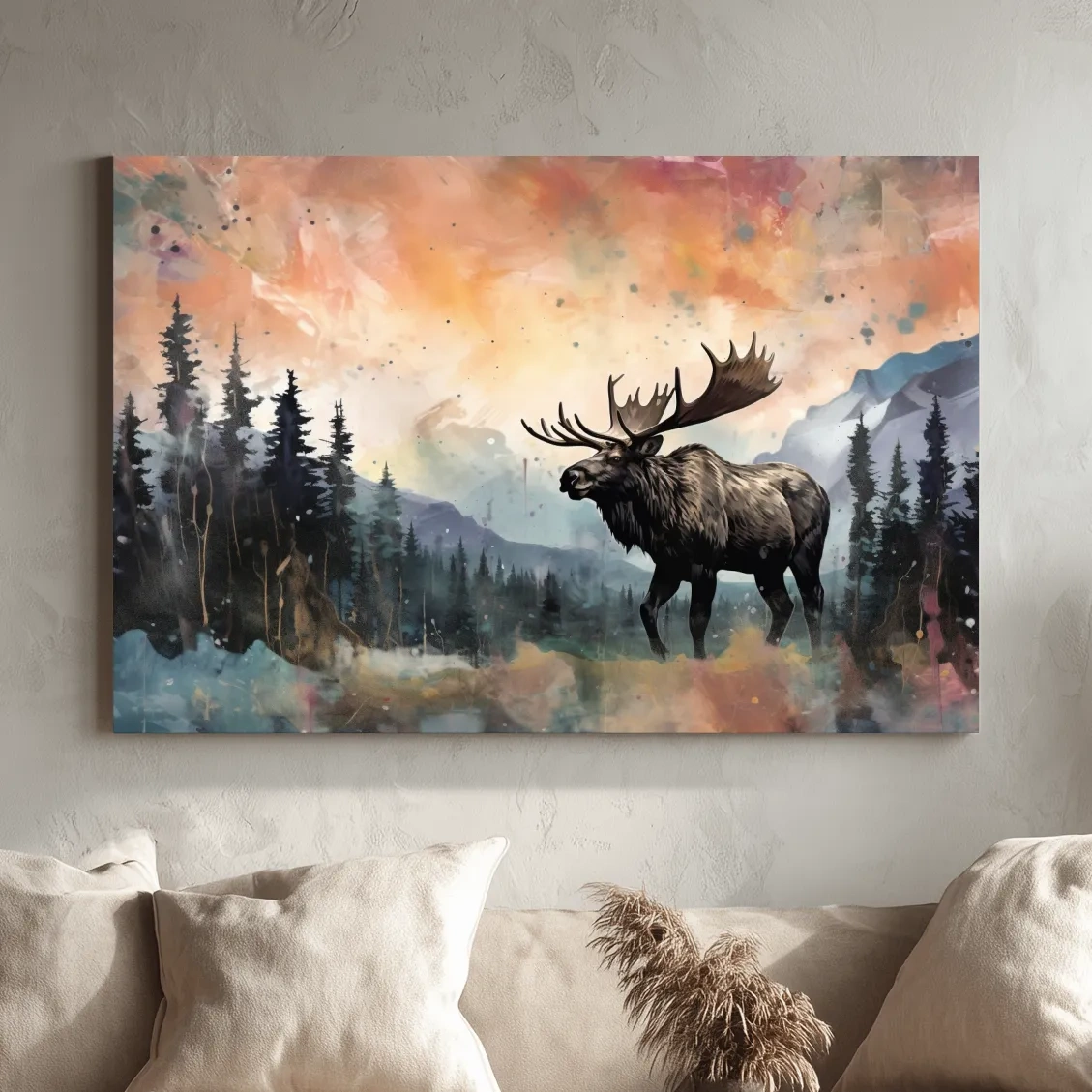 Watercolor Moose In Misty Mountain Forest - Rustic Wildlife Wall Art